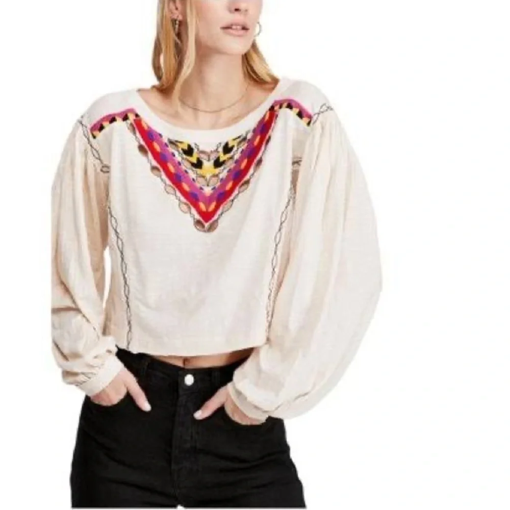 Free People Boho Embroidered Long Sleeve Hand Me Down Top